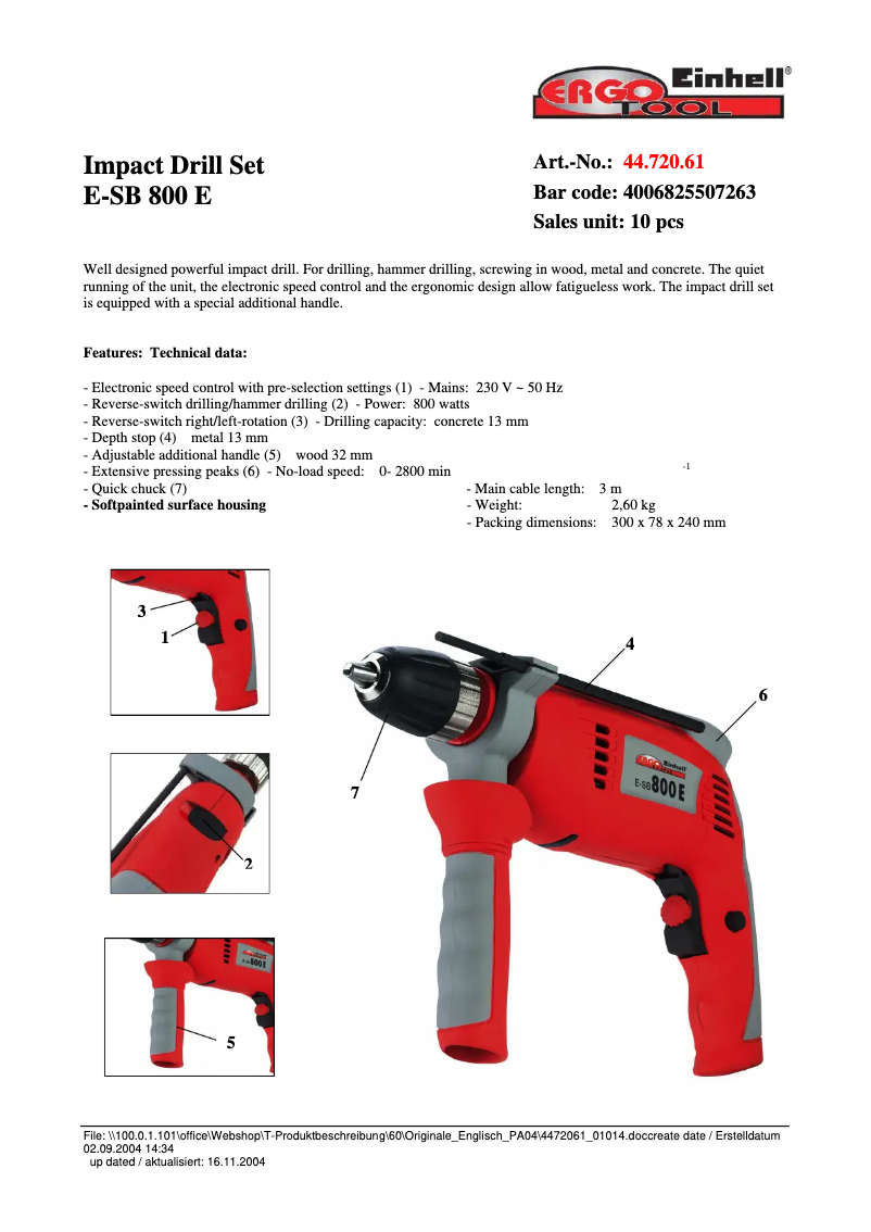 Page n°1 - Fiche technique Einhell E-SB 800 E