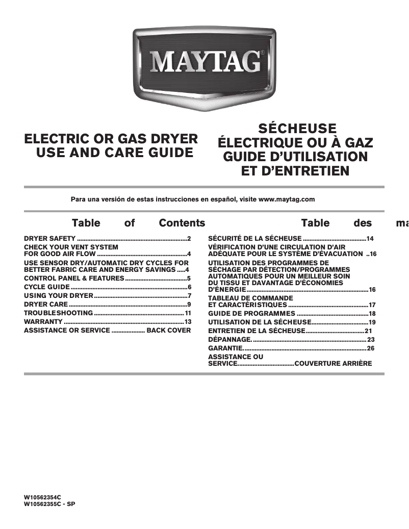 Page n°1 - Manuel d'utilisation et d'entretien Maytag MEDC555DW