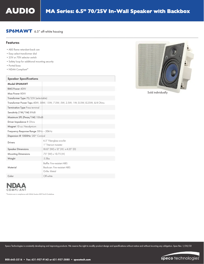 Page 1 de la notice Fiche technique Speco Technologies SP6MAWT