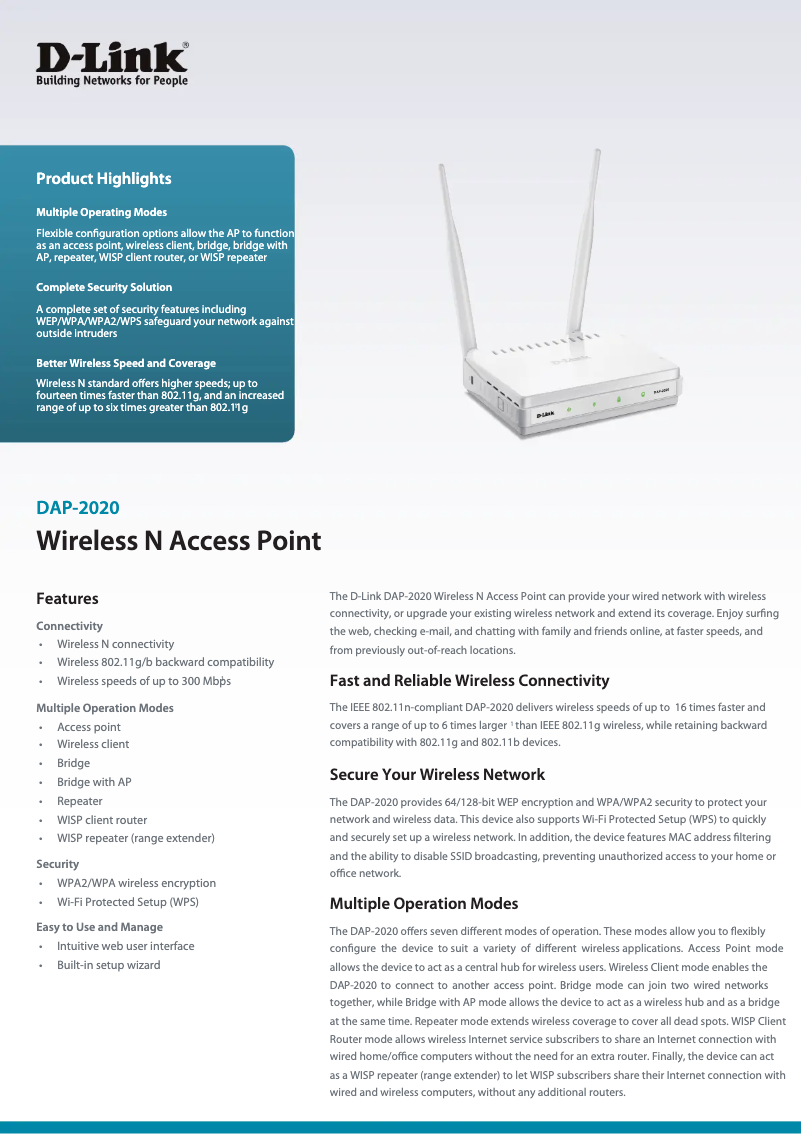 Page 1 de la notice Fiche technique D-Link DAP-2020