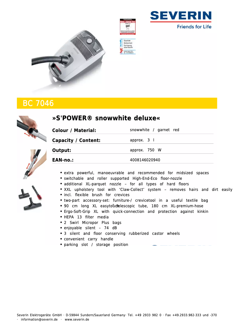Page 1 de la notice Fiche technique Severin BC 7046