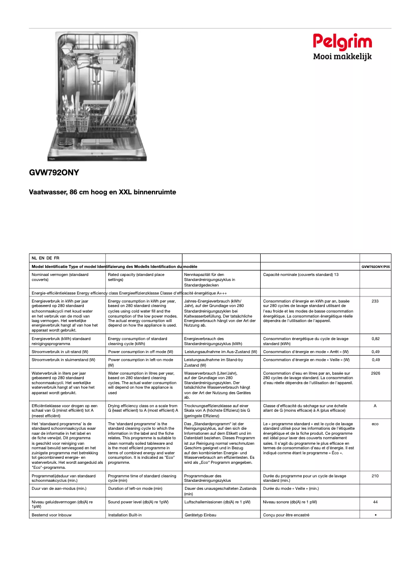 Page n°1 - Fiche technique Pelgrim GVW792ONY