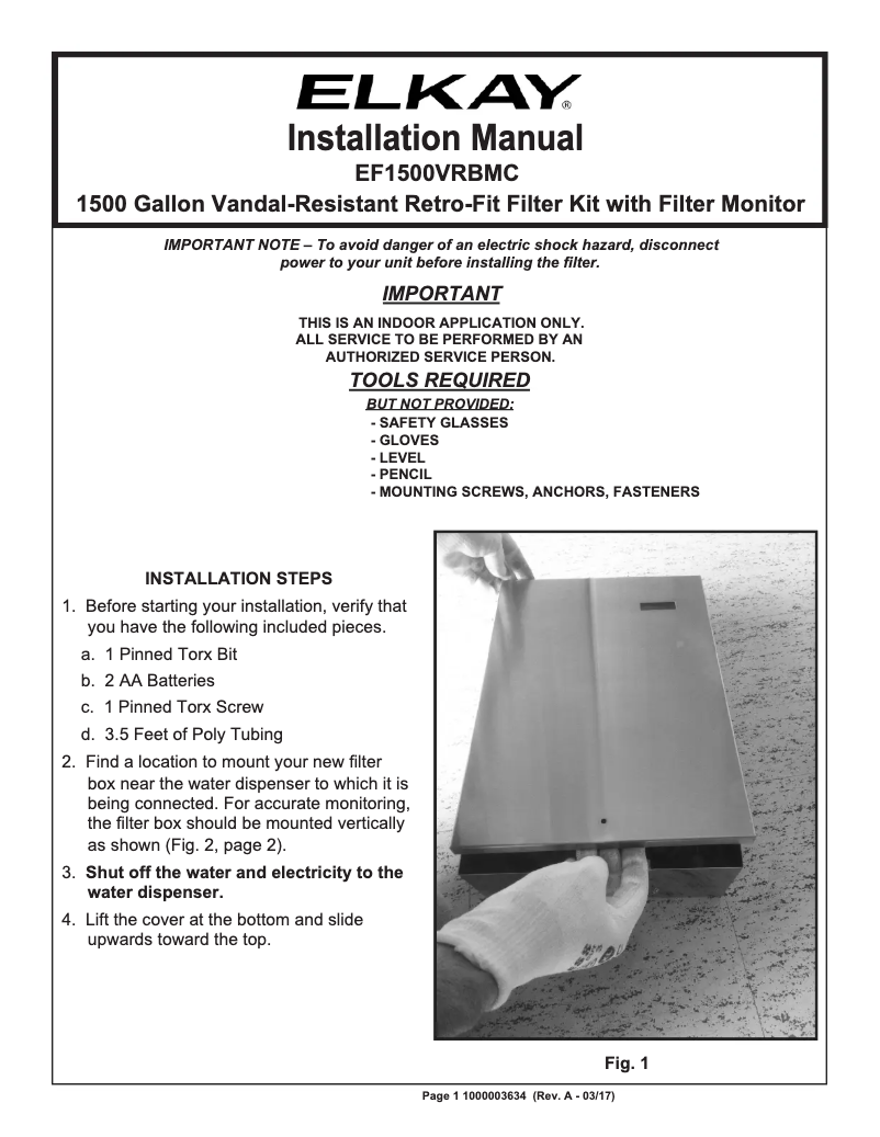 Page 1 de la notice Manuel utilisateur Elkay EF1500VRBMC