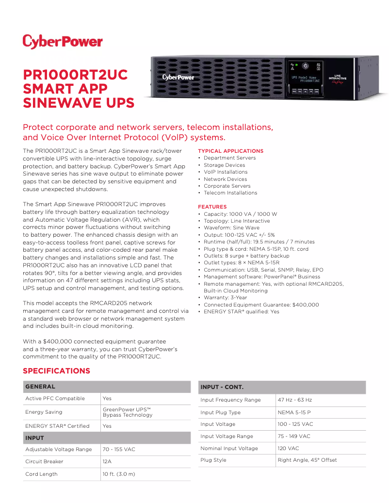 Image de la première page du manuel de l'appareil PR1000RT2UC