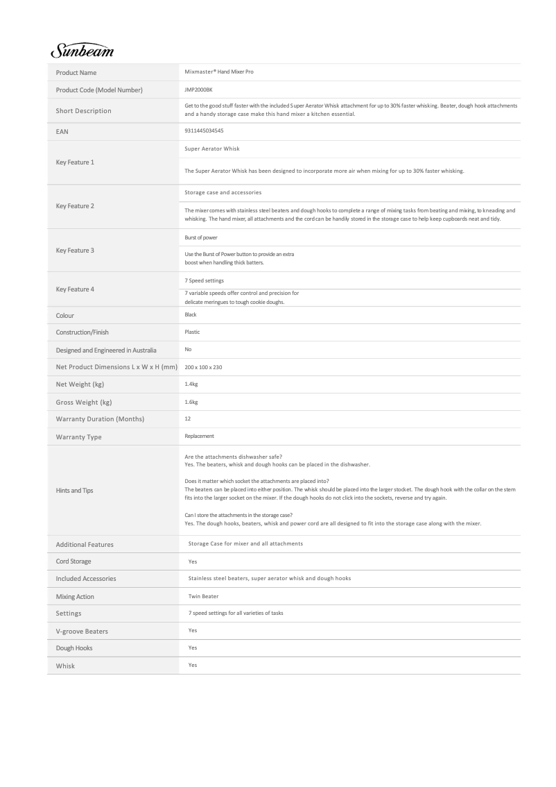 Image de la première page du manuel de l'appareil Mixmaster JMP2000BK