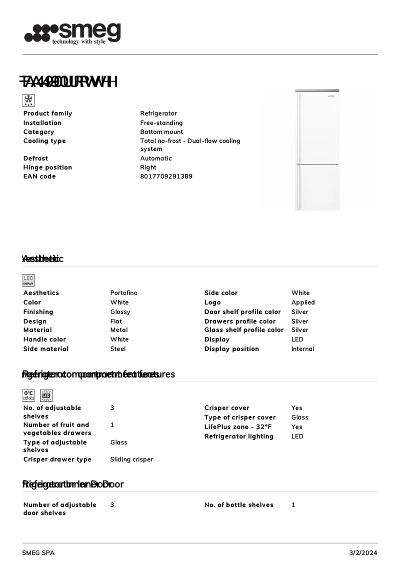 Page n°1 - Fiche technique Smeg FA490URWH