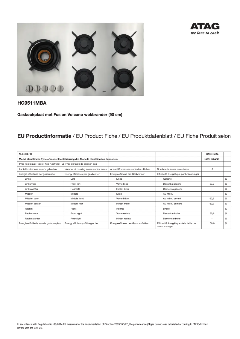 Page 1 de la notice Fiche technique Atag HG9511MBA