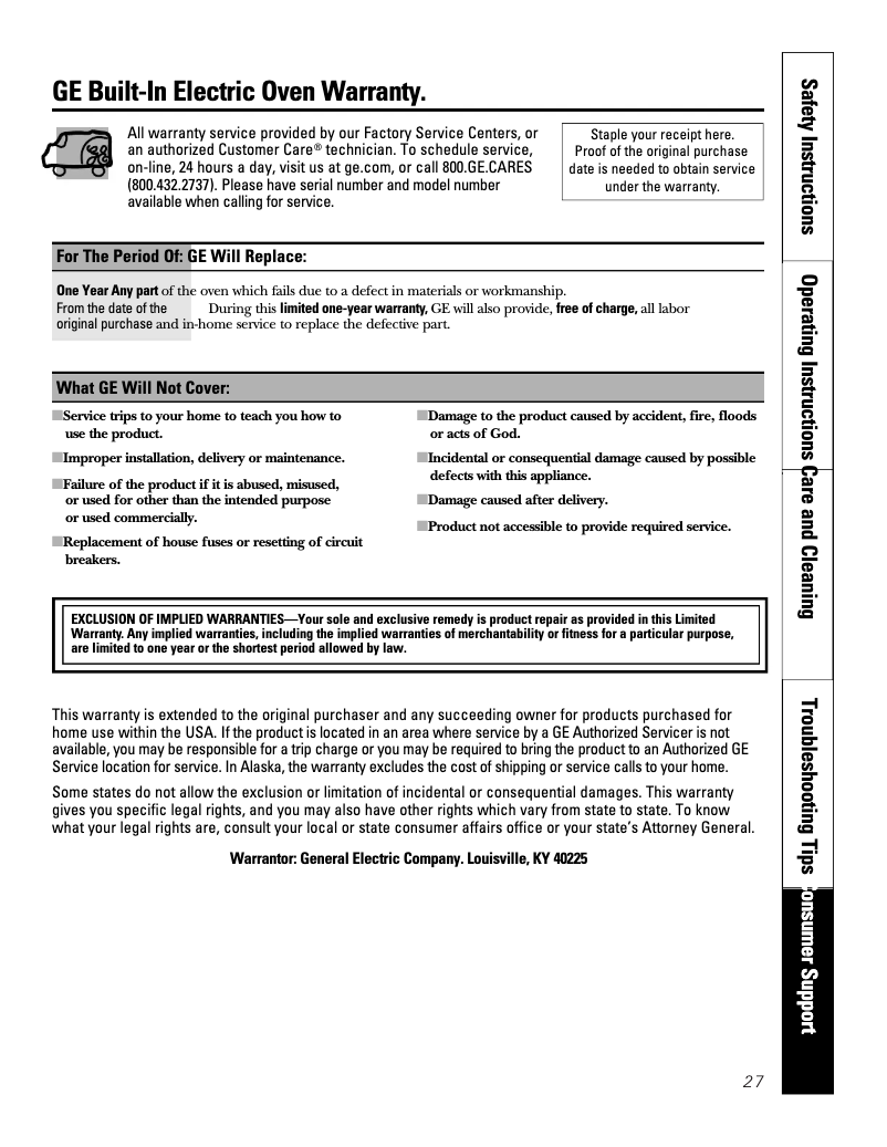 Page 1 de la notice Informations de garantie GE JB256DMWW