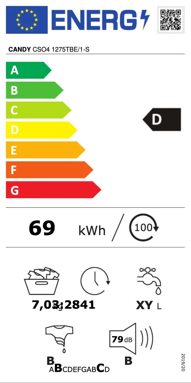 Page n°1 - Label énergétique Candy CSO4 1275TBE/1-S