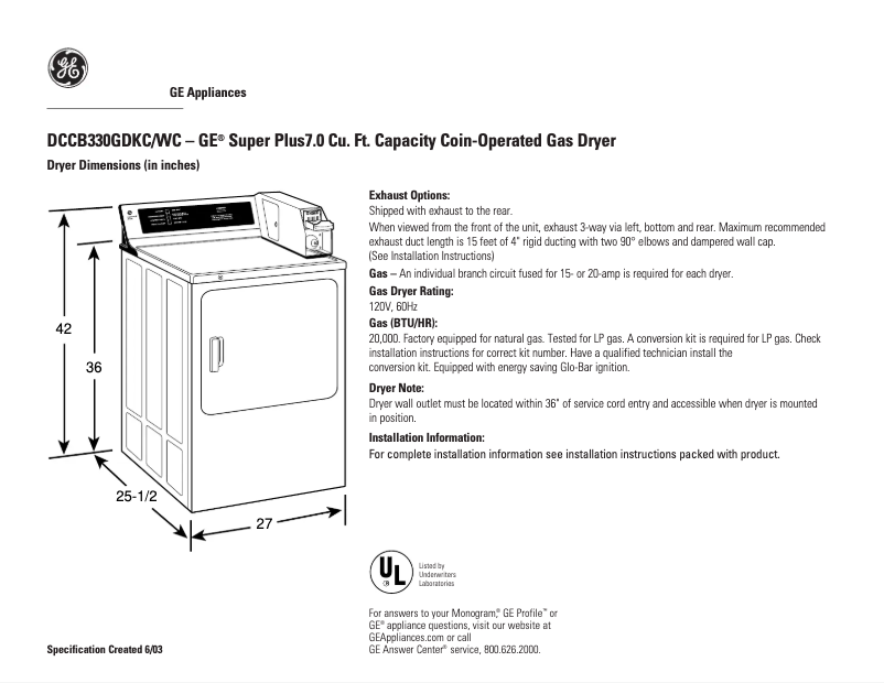 Page 1 de la notice Fiche technique GE DCCB330GDKC