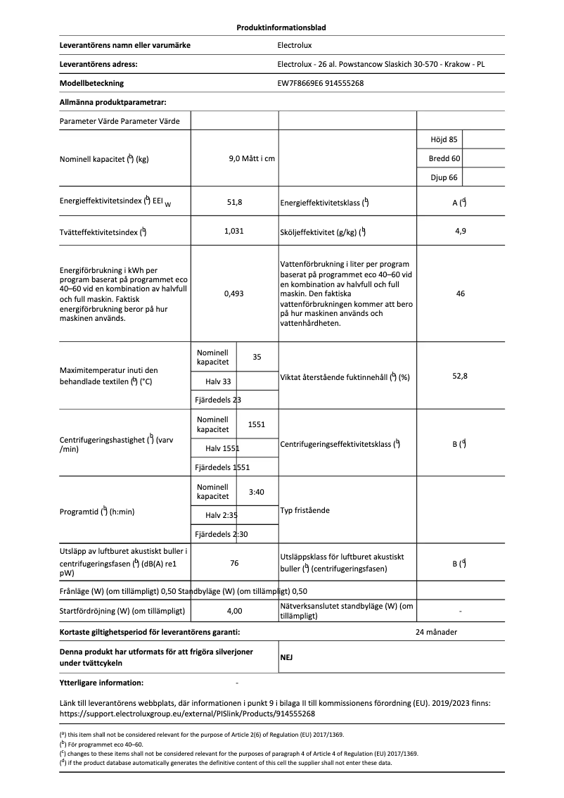 Page 1 de la notice Fiche technique Electrolux EW7F8669E6