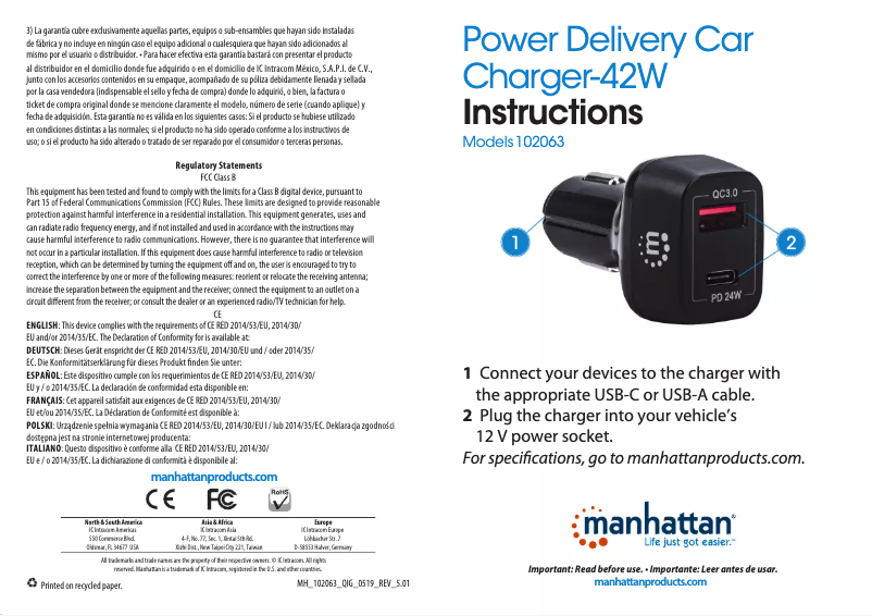 Page 1 de la notice Manuel utilisateur Manhattan 102063