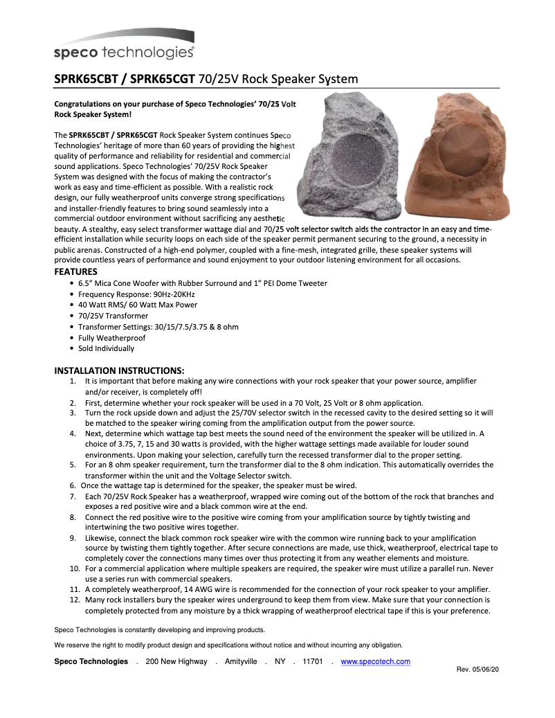 Page 1 de la notice Manuel utilisateur Speco Technologies SPRK65CGT