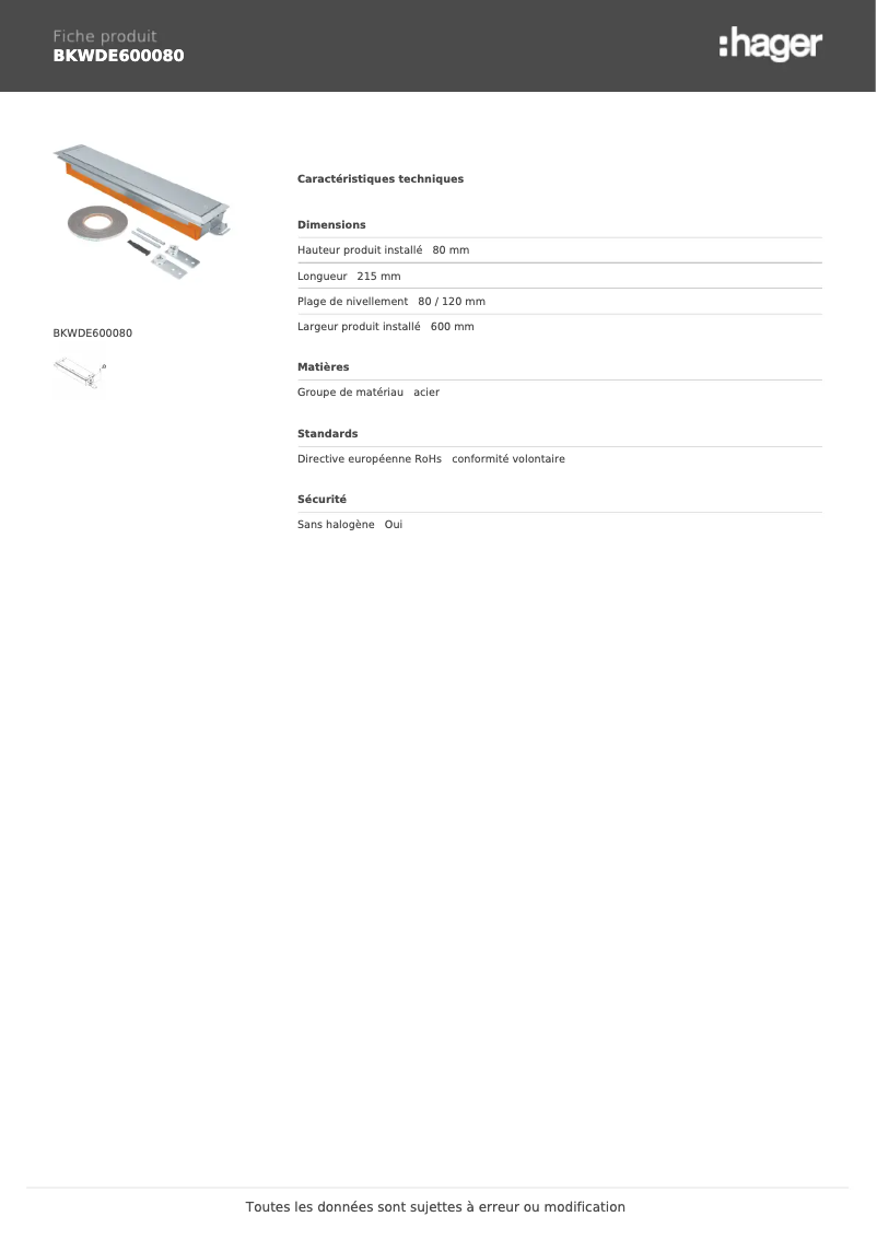 Page 1 de la notice Fiche technique Hager BKWDE600080
