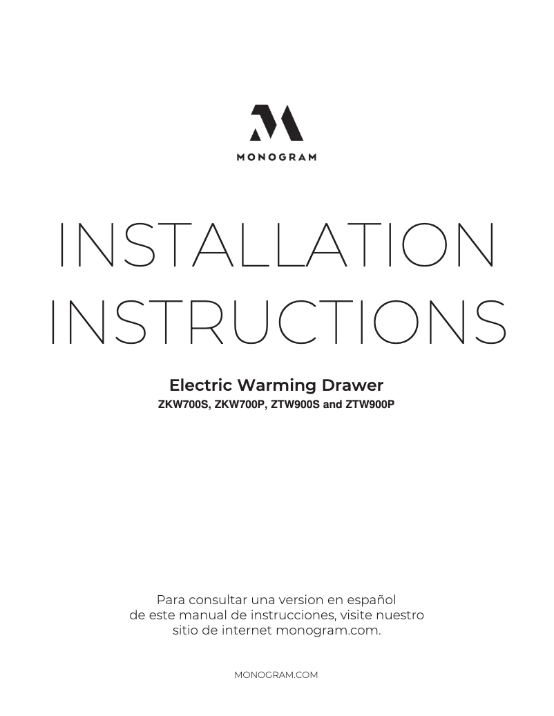 Page 1 de la notice Guide d'installation Monogram ZTW900PSNSS