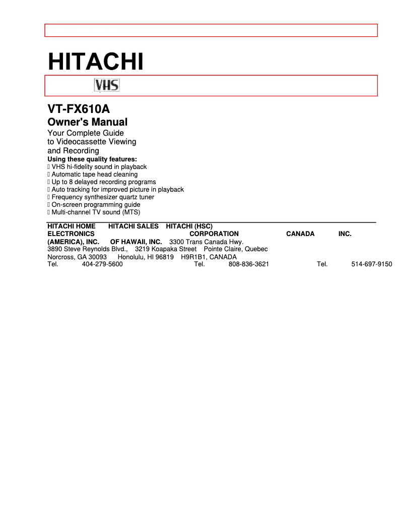 Page n°1 - Manuel utilisateur Hitachi VT-FX610A