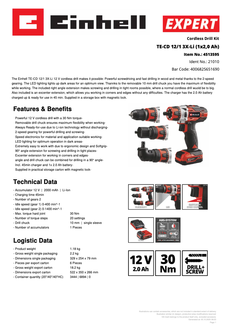 Page 1 de la notice Fiche technique Einhell TE-CD 12/1 3X-Li