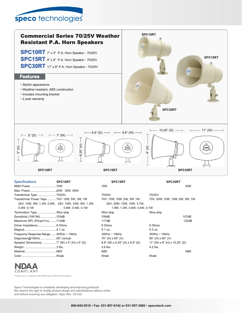 Page 1 de la notice Fiche technique Speco Technologies SPC10RT