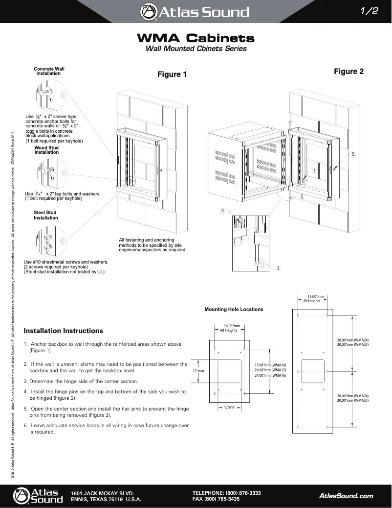 Page 1 de la notice Manuel utilisateur Atlas Sound WMA16-23