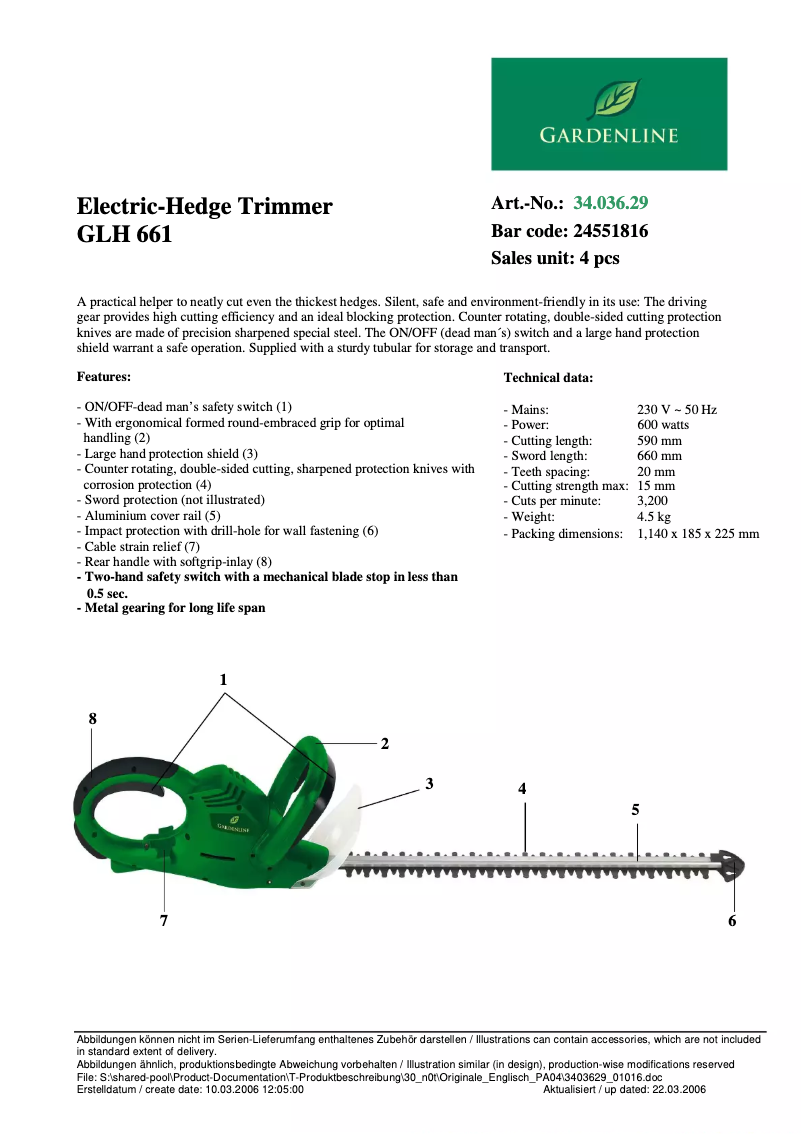 Page 1 de la notice Fiche technique Gardenline GLH 661