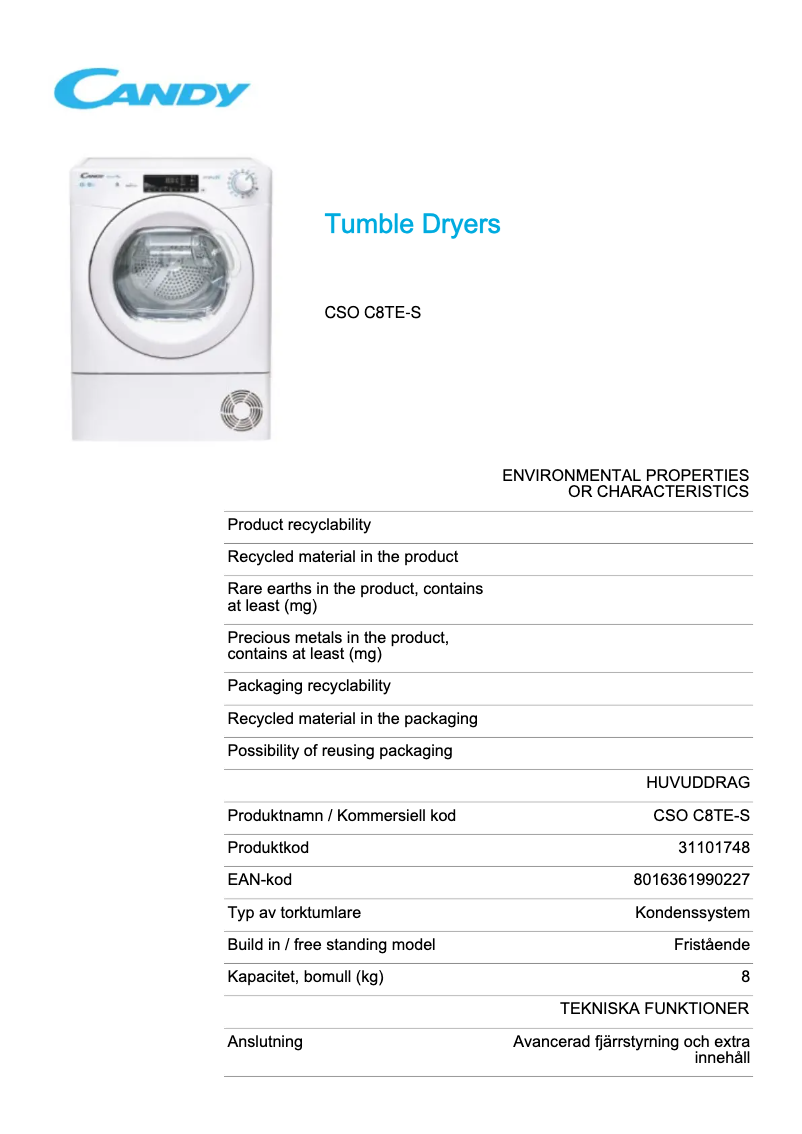 Page 1 de la notice Fiche technique Candy CSO C8TE-S
