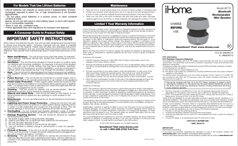 Image de la première page du manuel de l'appareil iBT72