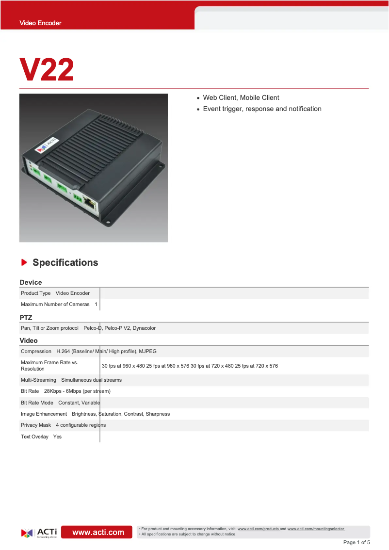 Página 1 del manual Ficha técnica ACTi V22