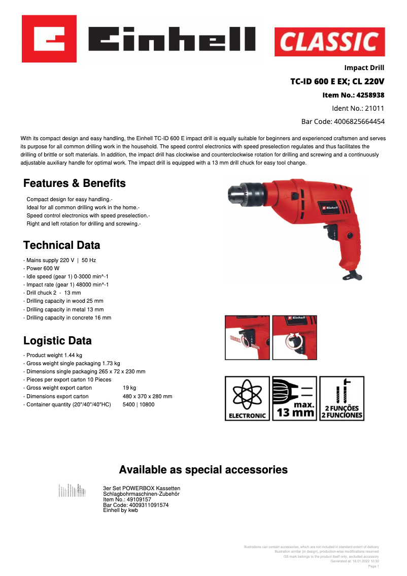Page n°1 - Fiche technique Einhell TC-ID 600 E EX