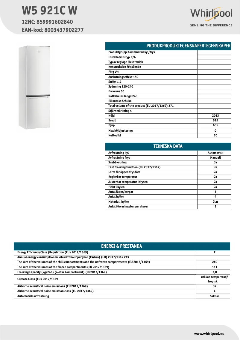 Page 1 de la notice Fiche technique Whirlpool W5 921C W