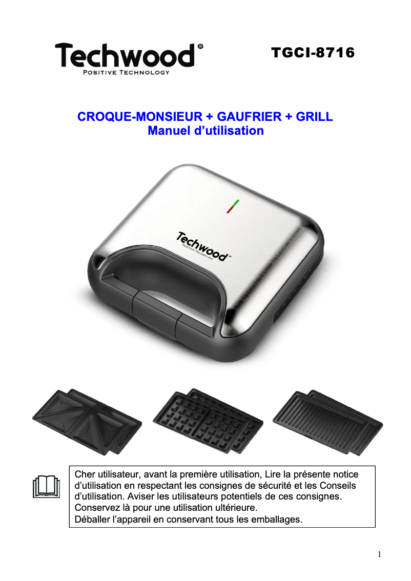 Page 1 de la notice Manuel utilisateur Techwood TGCI-8716