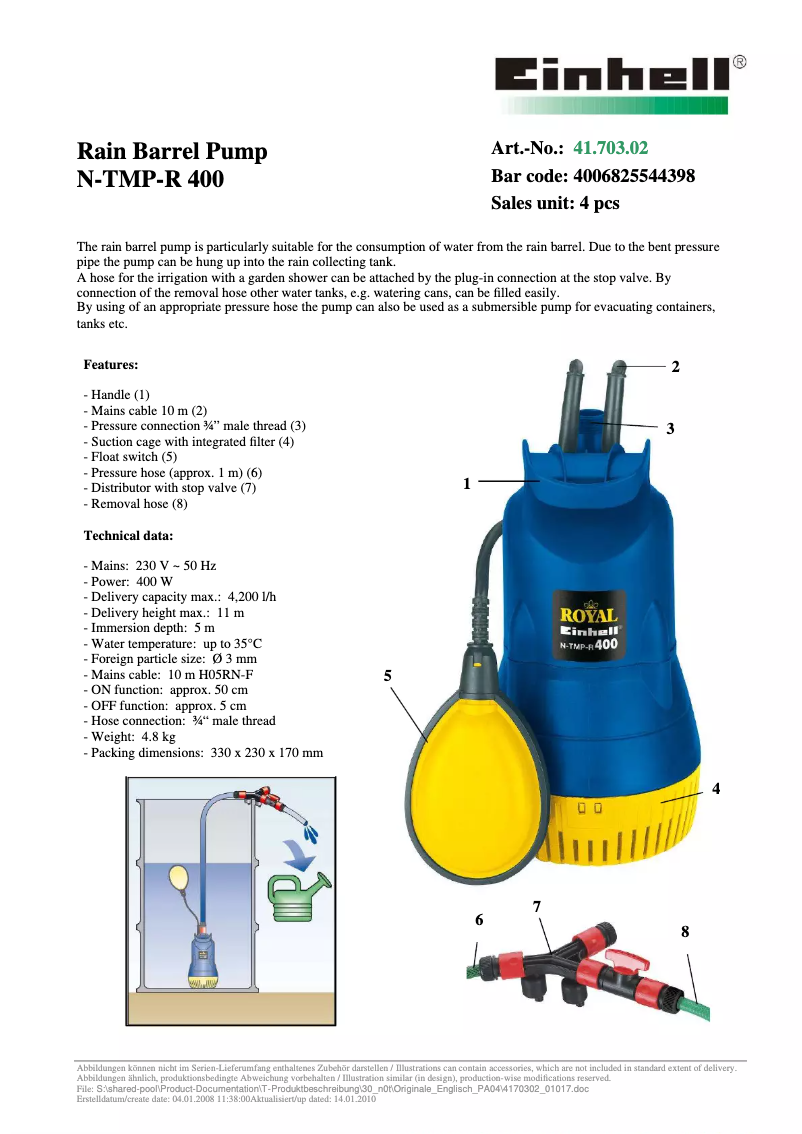 Page 1 de la notice Manuel utilisateur Einhell Royal N-TMP-R400