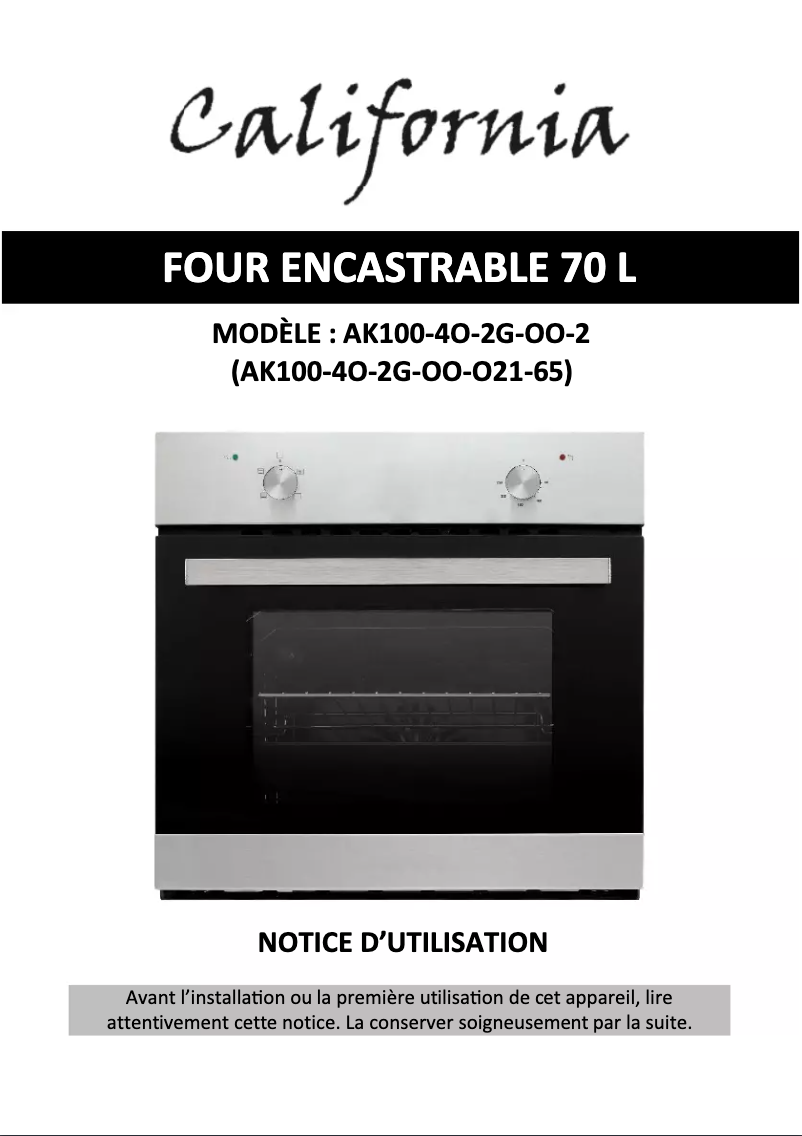 Page 1 de la notice Manuel utilisateur California AK100-4O-2G-OO-2