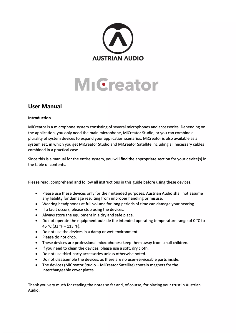 Page 1 de la notice Manuel utilisateur Austrian Audio MiCreator