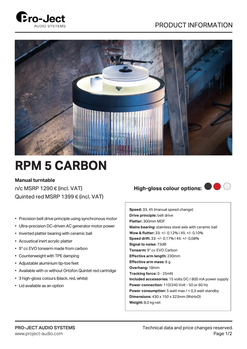 Página 1 del manual Ficha técnica Pro-Ject RPM5CARBONBK