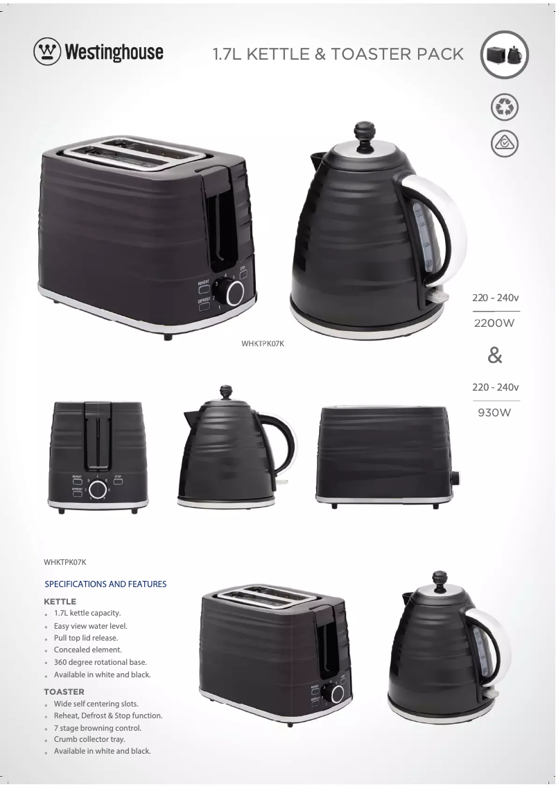 Page 1 de la notice Fiche technique Westinghouse WHKTPK07K