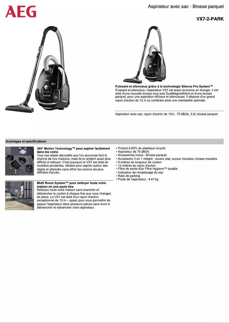 Page 1 de la notice Manuel utilisateur AEG VX7-2-PARK