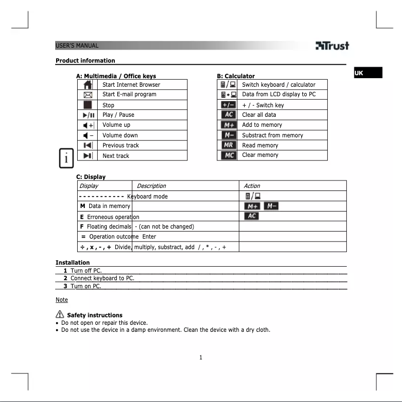 Page n°1 - Manuel utilisateur Trust XpertTouch KB-1600