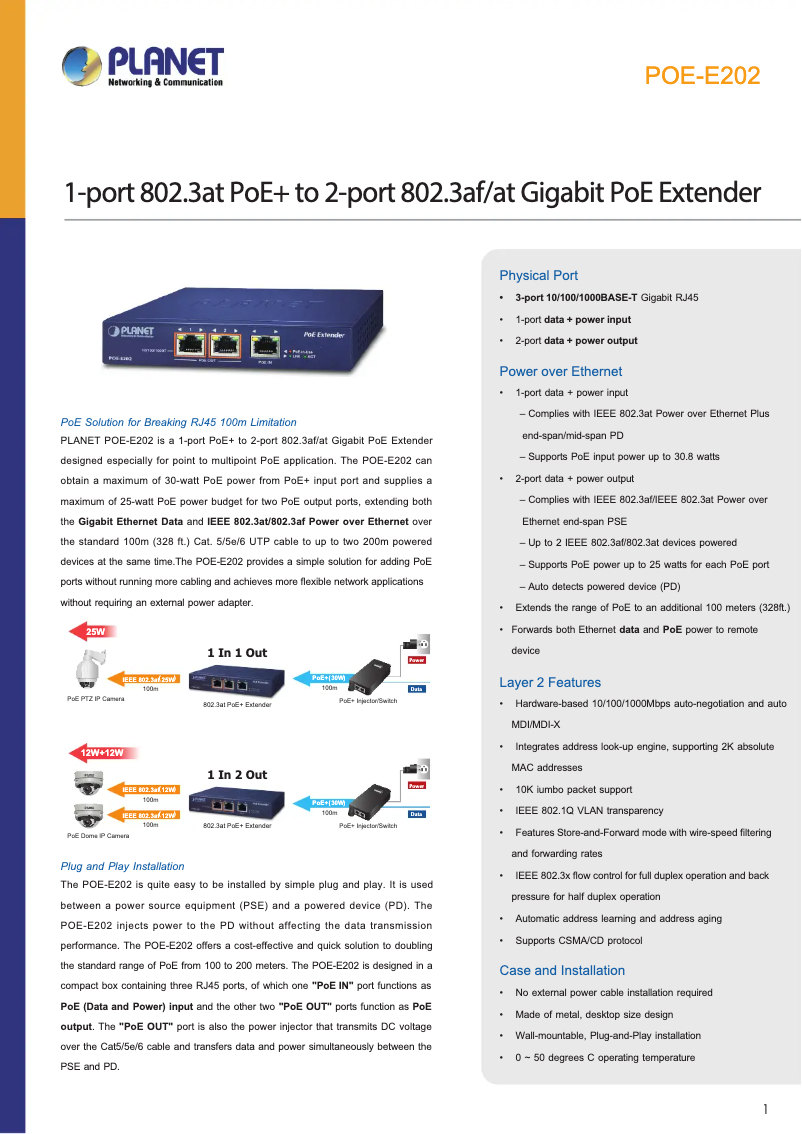 Page 1 de la notice Fiche technique Planet POE-E202