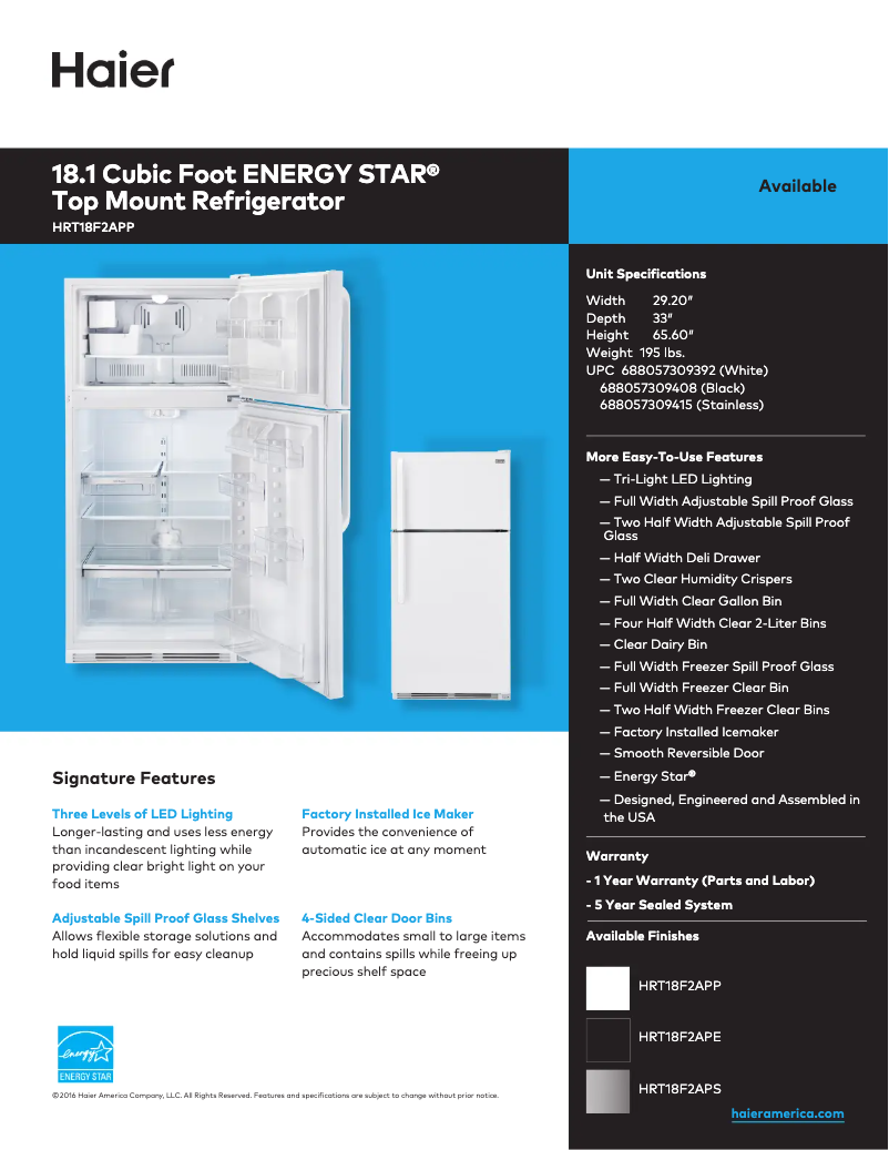 Página 1 del manual Ficha técnica Haier HRT18F2APP