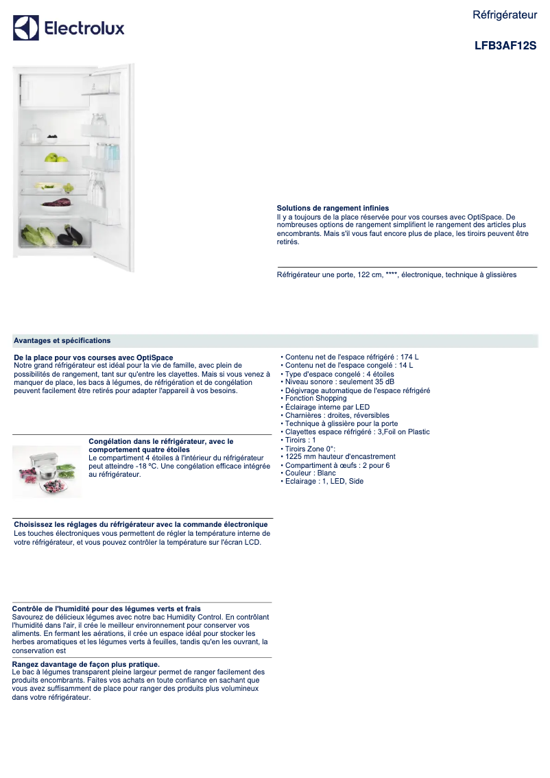 Page 1 de la notice Fiche technique Electrolux LFB3AF12S