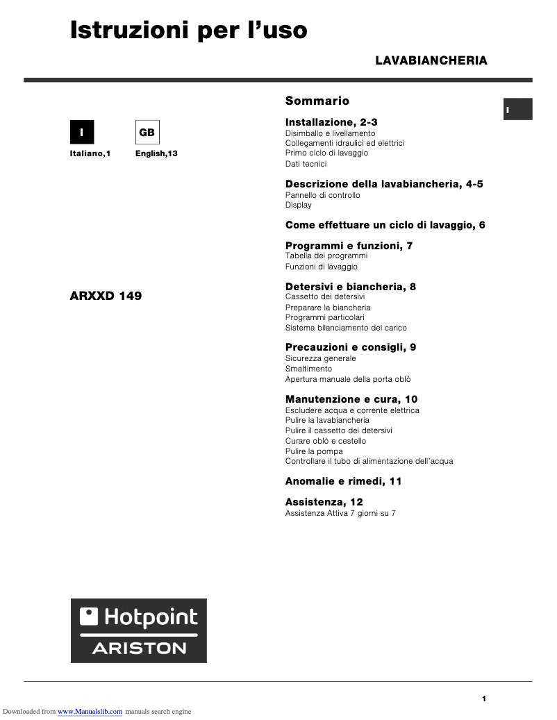 Página 1 del manual Manual de usuario Hotpoint Ariston ARXXD 149