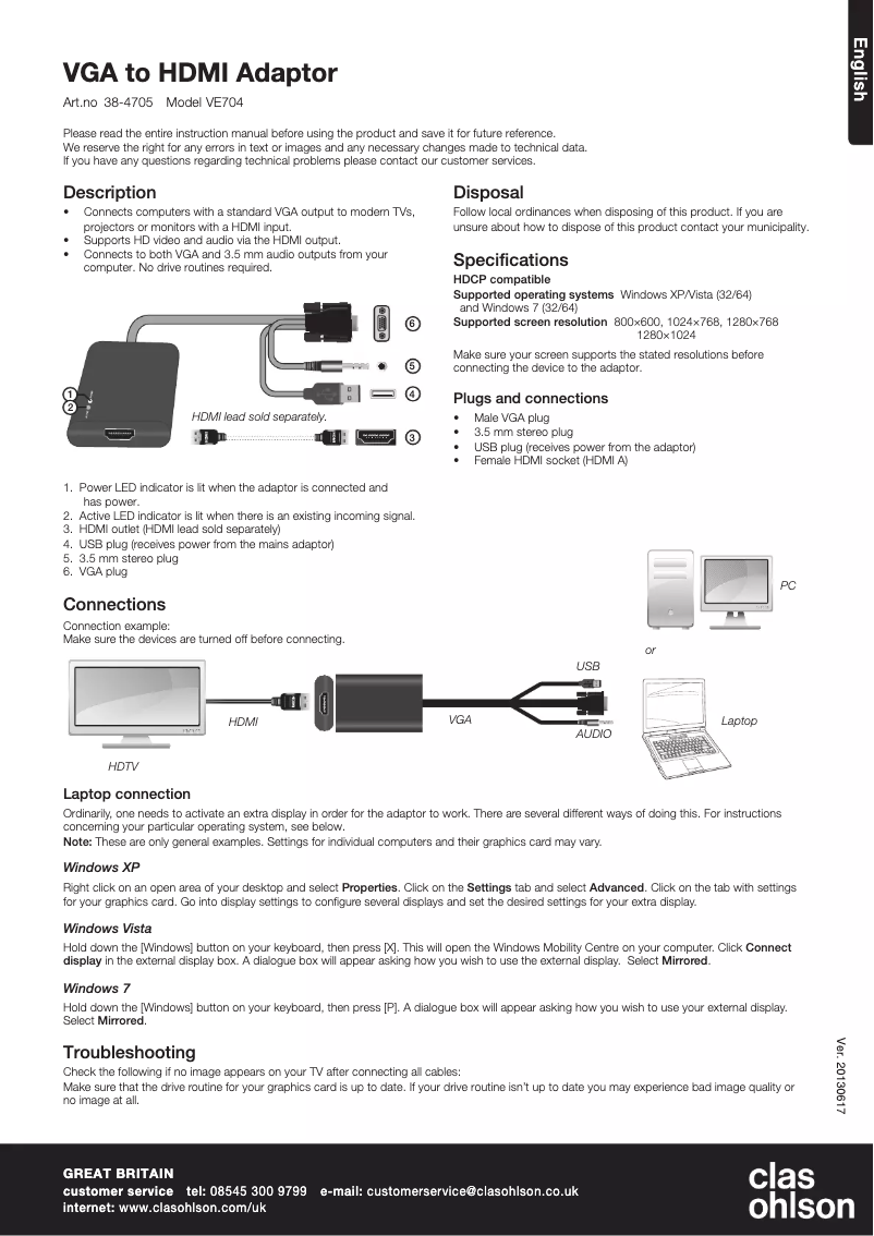 Page 1 de la notice Manuel utilisateur Clas Ohlson VE704