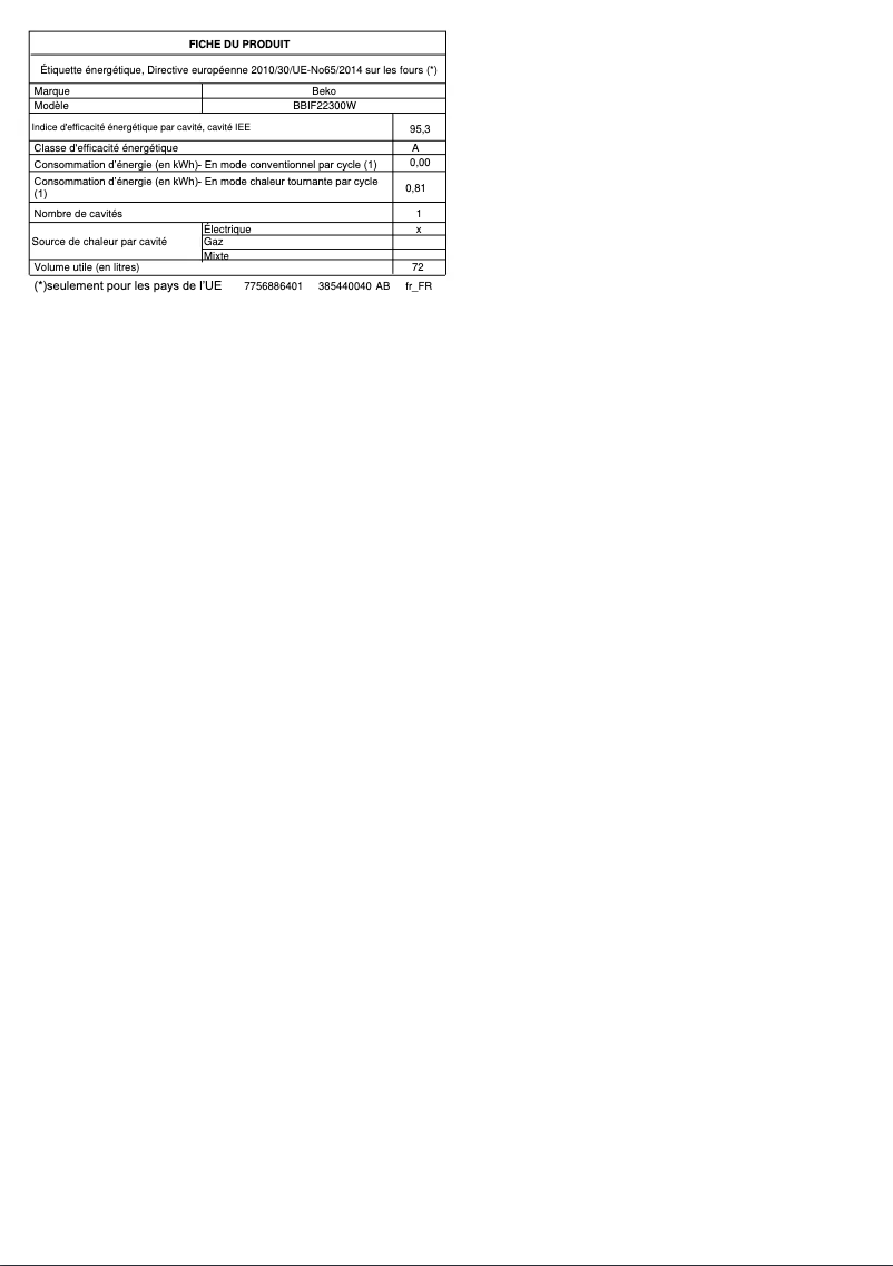 Page 1 de la notice Fiche technique Beko BBIF22300W