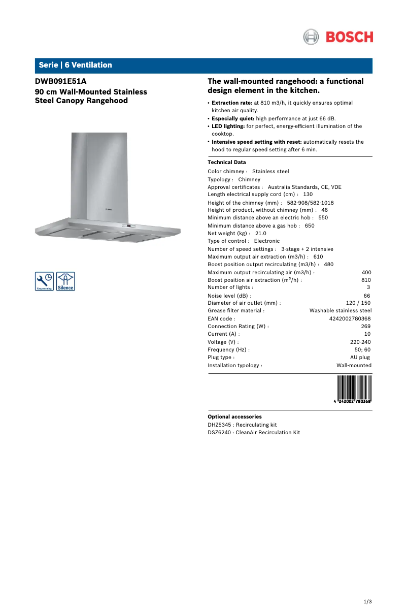 Page 1 de la notice Fiche technique Bosch DWB091E51A