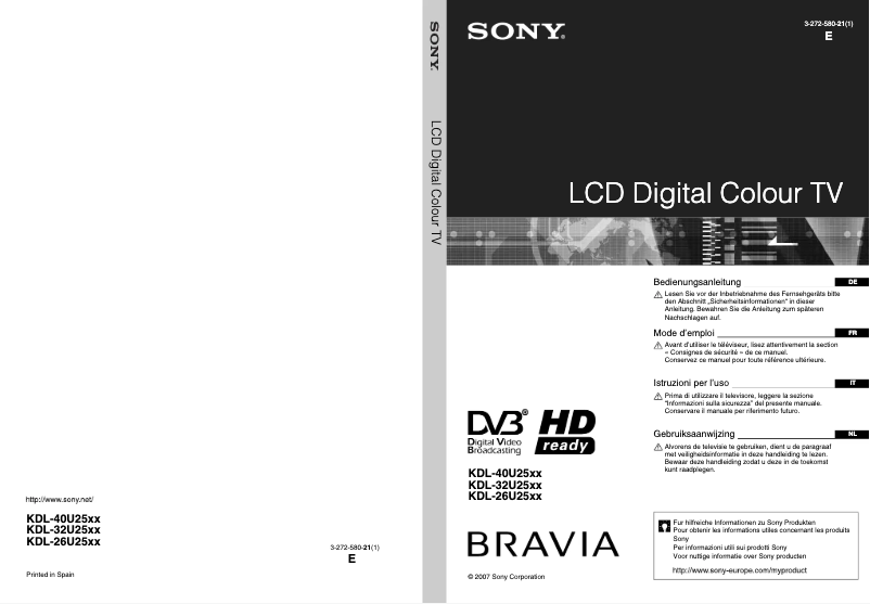 Page 1 de la notice Manuel utilisateur Sony Bravia KDL-40U2510