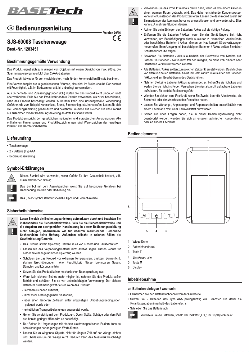 Page n°1 - Manuel utilisateur BaseTech SJS-60008