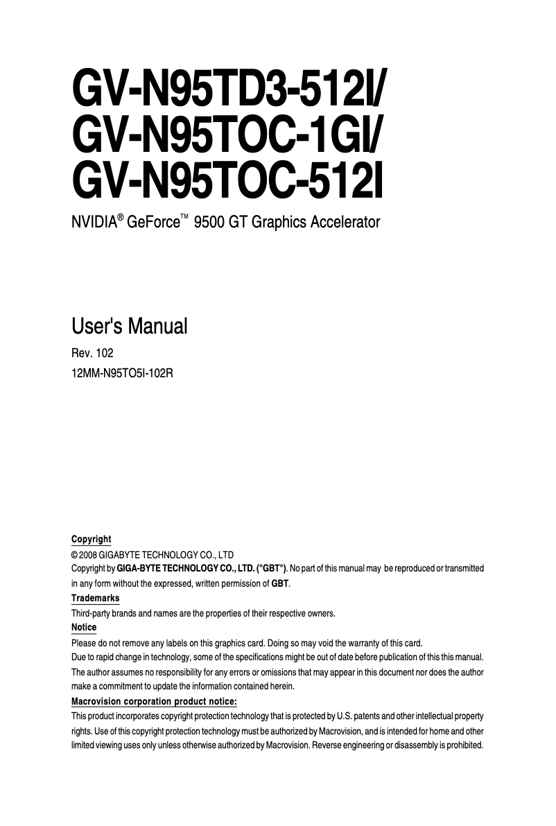 Page 1 de la notice Manuel utilisateur Gigabyte GV-N95TOC-1GI