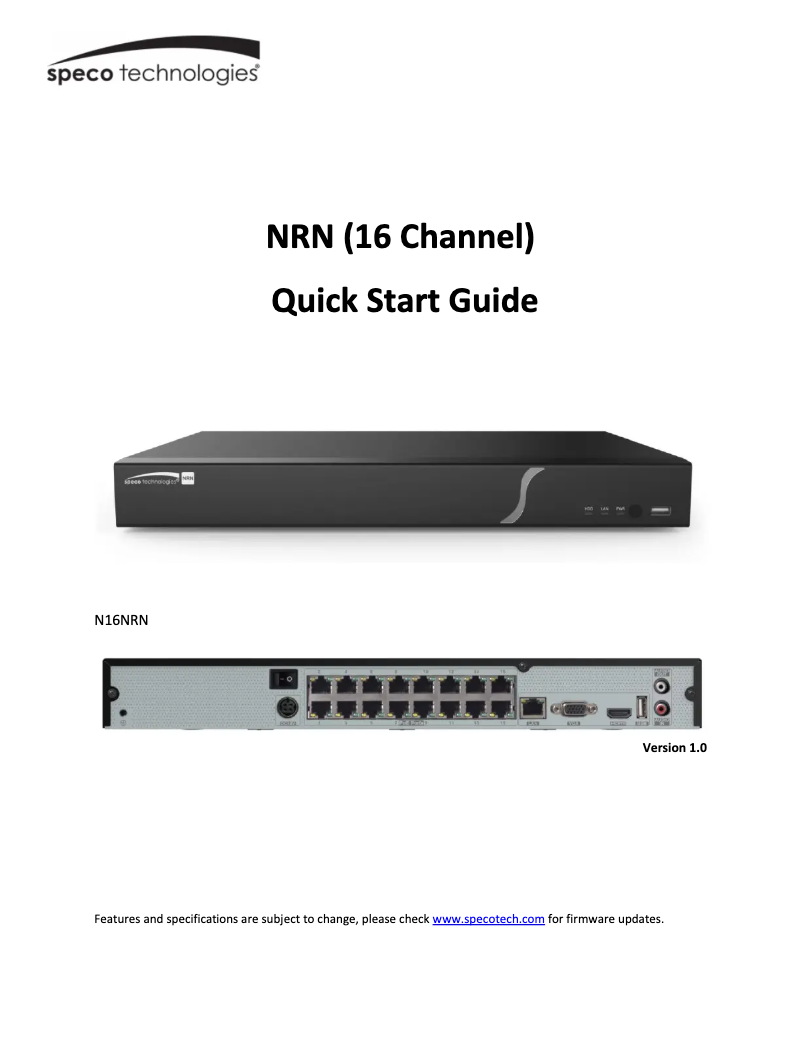 Página 1 del manual Guía de inicio rápido Speco Technologies N16NRN
