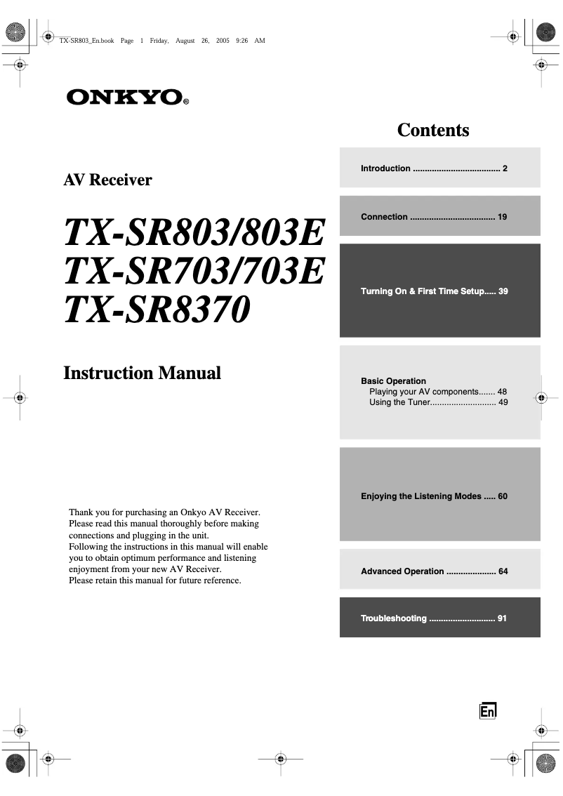 Page 1 de la notice Manuel utilisateur Onkyo TX-SR8370