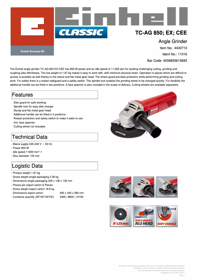Page 1 de la notice Fiche technique Einhell TC-AG 850